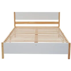Okwish Lit double 140x200 cm - Lit avec tête et pied de lit - Pin + MDF - Sans matelas - Blanc + Naturel New