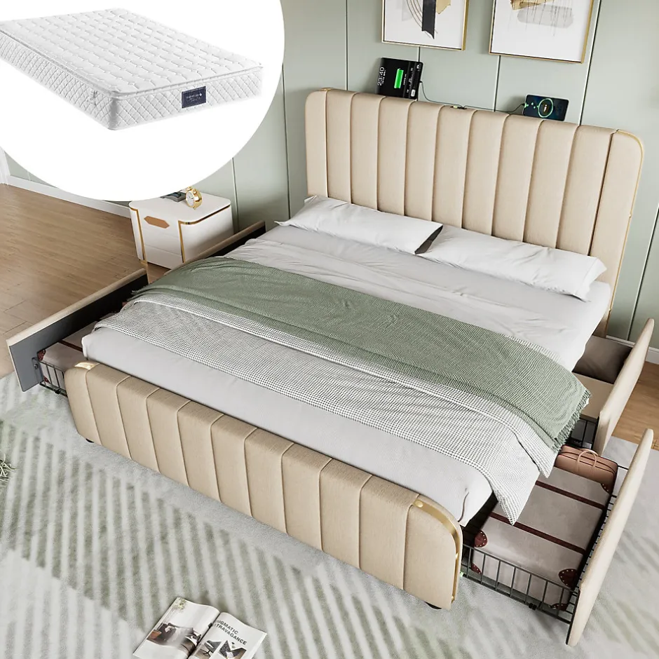 Okwish Lit double 140x200 cm - Lit avec tiroirs et fonction USB Type-C - Lin - Matelas Inclus - Beige