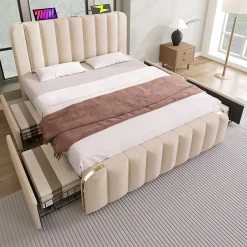Okwish Lit double 140x200 cm - Lit avec tiroirs et fonction USB Type-C - Lin - Matelas Inclus - Beige