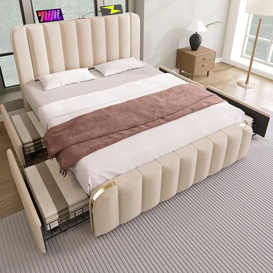 Okwish Lit double 140x200 cm - Lit avec tiroirs et fonction USB Type-C - Lin - Matelas Inclus - Beige