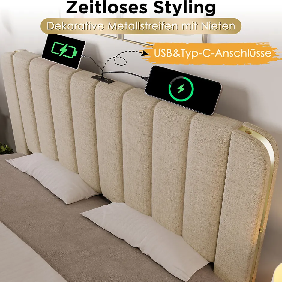 Okwish Lit double 140x200 cm - Lit avec tiroirs et fonction USB Type-C - Lin - Matelas Inclus - Beige