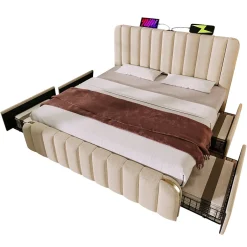 Okwish Lit double 140x200 cm - Lit avec tiroirs et fonction USB Type-C - Lin - Matelas Inclus - Beige