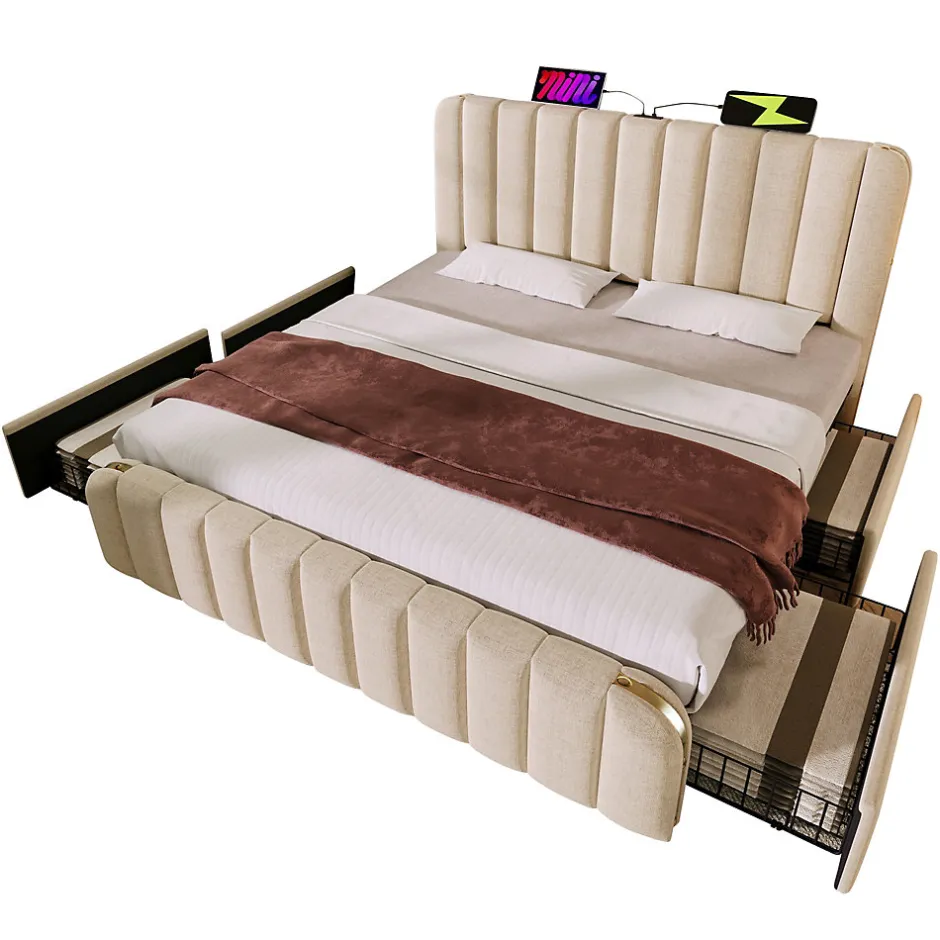 Okwish Lit double 140x200 cm - Lit avec tiroirs et fonction USB Type-C - Lin - Matelas Inclus - Beige