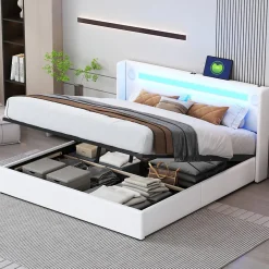 Okwish Lit Double 160x200 cm - Lit avec Éclairage LED, Bluetooth et USB Intégré, Coffre PU, Sans Matelas, Blanc Best