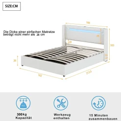 Okwish Lit Double 160x200 cm - Lit avec Éclairage LED, Bluetooth et USB Intégré, Coffre PU, Sans Matelas, Blanc Best