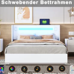 Okwish Lit Double 160x200 cm - Lit avec Éclairage LED, Bluetooth et USB Intégré, Coffre PU, Sans Matelas, Blanc Best