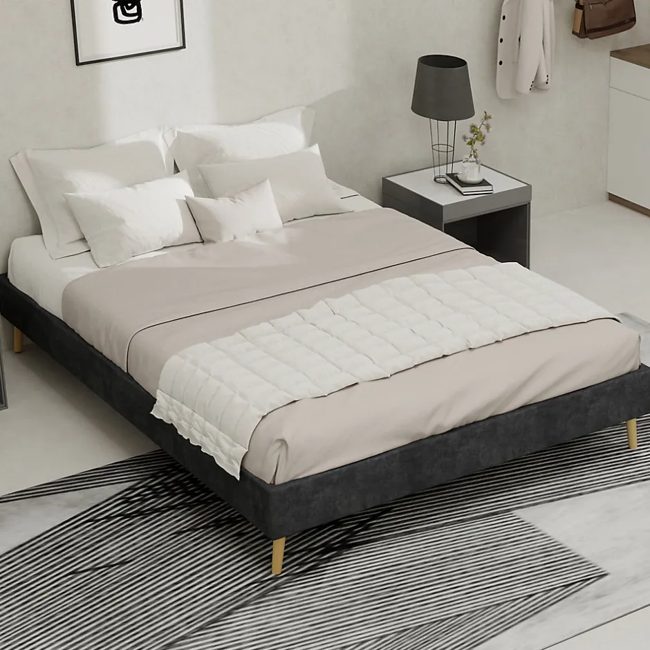 Okwish Lit Double 140x200 cm - Lit Bas Contemporain Adulte et Ado, Cadre Minimaliste et Robuste, Sans Tête de Lit, Sans Matelas, Gris