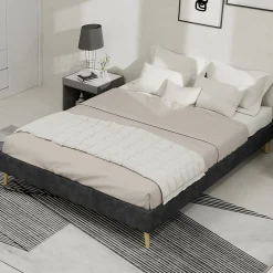 Okwish Lit Double 140x200 cm - Lit Bas Contemporain Adulte et Ado, Cadre Minimaliste et Robuste, Sans Tête de Lit, Sans Matelas, Gris