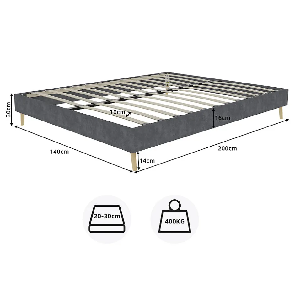 Okwish Lit Double 140x200 cm - Lit Bas Contemporain Adulte et Ado, Cadre Minimaliste et Robuste, Sans Tête de Lit, Sans Matelas, Gris