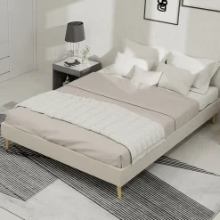 Okwish Lit Double 140x200 cm - Lit Bas Adulte et Ado, Design Minimaliste pour Chambre Moderne, Sans Matelas, Beige