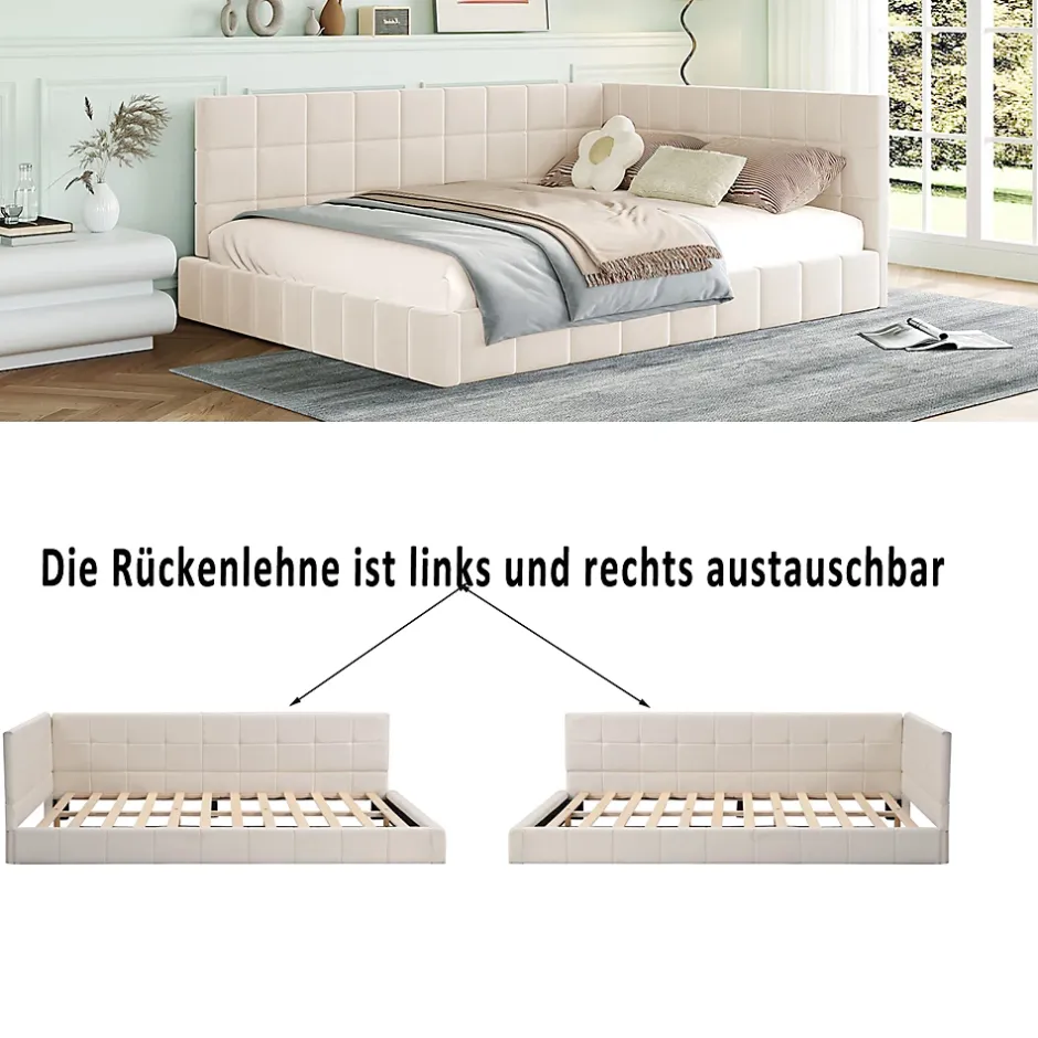 Okwish Lit Double 140x200 cm - Lit Canapé enfant, Structure Robuste avec Velours Doux au Toucher, Sans Matelas - Beige Discount
