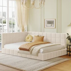 Okwish Lit Double 140x200 cm - Lit Canapé enfant, Structure Robuste avec Velours Doux au Toucher, Sans Matelas - Beige Discount