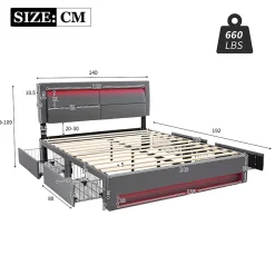 Okwish Lit Double 140x190 cm - Lit Capitonné PU avec Rangement et Éclairage LED Intégré - Gris - Sans Matelas