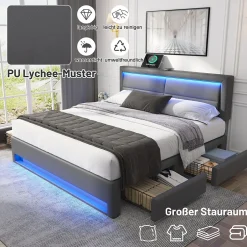 Okwish Lit Double 140x190 cm - Lit Capitonné PU avec Rangement et Éclairage LED Intégré - Gris - Sans Matelas