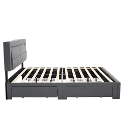 Okwish Lit Double 140x190 cm - Lit Capitonné PU avec Rangement et Éclairage LED Intégré - Gris - Sans Matelas