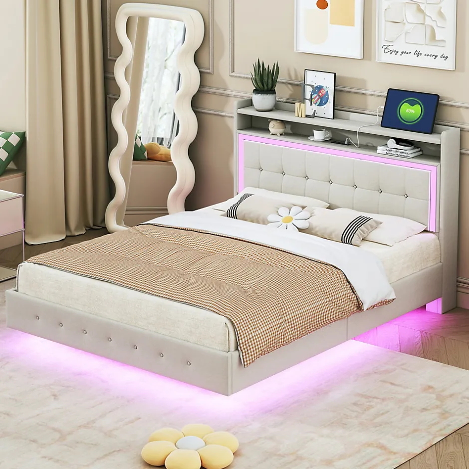 Okwish Lit Double 140x200 cm - Lit capitonné Adulte avec LED Intégrée et Port USB, Pieds Cachés Lin Beige
