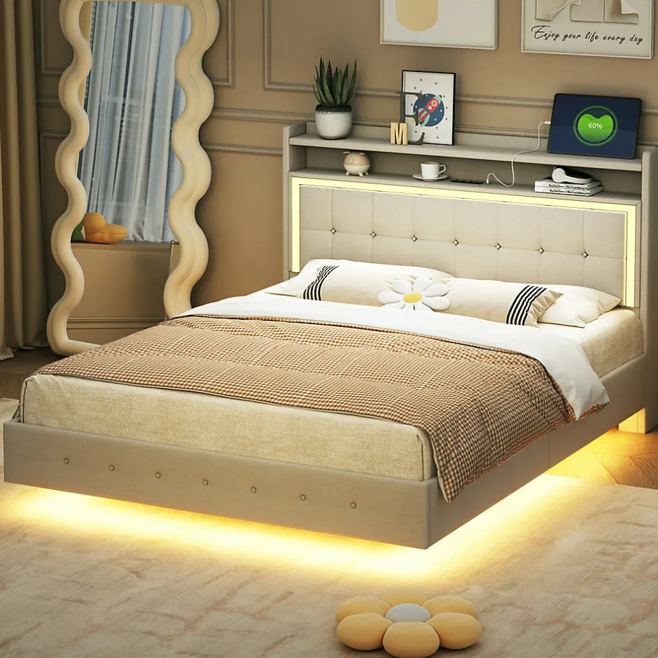 Okwish Lit Double 140x200 cm - Lit capitonné Adulte avec LED Intégrée et Port USB, Pieds Cachés Lin Beige