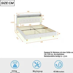 Okwish Lit Double 140x200 cm - Lit capitonné Adulte avec LED Intégrée et Port USB, Pieds Cachés Lin Beige