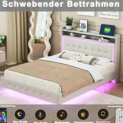 Okwish Lit Double 140x200 cm - Lit capitonné Adulte avec LED Intégrée et Port USB, Pieds Cachés Lin Beige