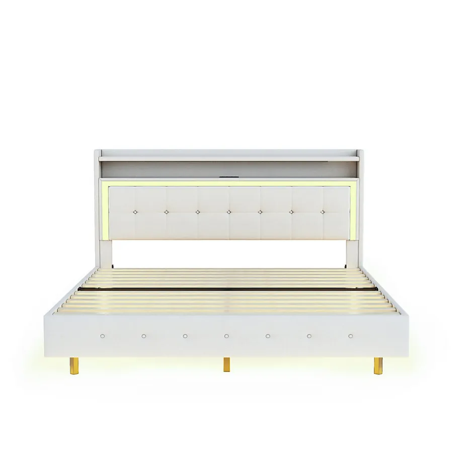 Okwish Lit Double 140x200 cm - Lit capitonné Adulte avec LED Intégrée et Port USB, Pieds Cachés Lin Beige