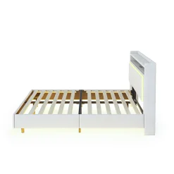 Okwish Lit Double 140x200 cm - Lit capitonné Adulte avec LED Intégrée et Port USB, Pieds Cachés Lin Beige