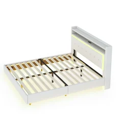 Okwish Lit Double 140x200 cm - Lit capitonné Adulte avec LED Intégrée et Port USB, Pieds Cachés Lin Beige