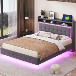 Okwish Lit Double 140x200 cm - Lit capitonné Adulte avec LED Intégrée et Port USB, Pieds Cachés Lin Gris