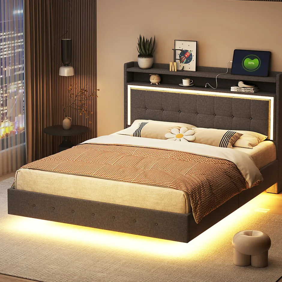 Okwish Lit Double 140x200 cm - Lit capitonné Adulte avec LED Intégrée et Port USB, Pieds Cachés Lin Gris