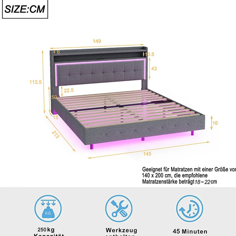 Okwish Lit Double 140x200 cm - Lit capitonné Adulte avec LED Intégrée et Port USB, Pieds Cachés Lin Gris