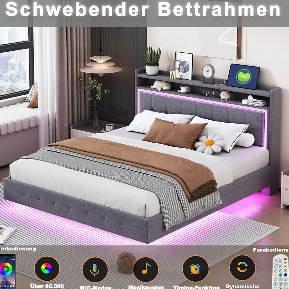 Okwish Lit Double 140x200 cm - Lit capitonné Adulte avec LED Intégrée et Port USB, Pieds Cachés Lin Gris