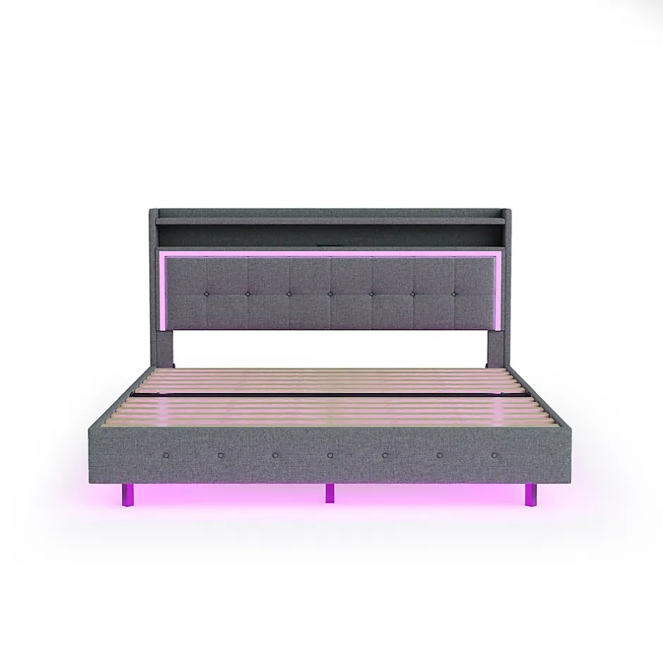 Okwish Lit Double 140x200 cm - Lit capitonné Adulte avec LED Intégrée et Port USB, Pieds Cachés Lin Gris