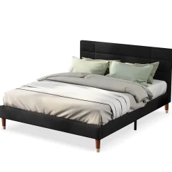 Okwish Lit double 140x200 cm - Lit capitonné avec sommier à lattes - Lin - Sans Matelas - Noir Discount