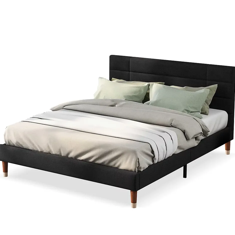 Okwish Lit double 140x200 cm - Lit capitonné avec sommier à lattes - Lin - Sans Matelas - Noir Discount