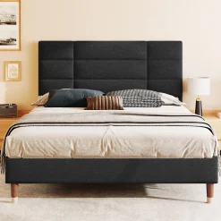 Okwish Lit double 140x200 cm - Lit capitonné avec sommier à lattes - Lin - Sans Matelas - Noir Discount