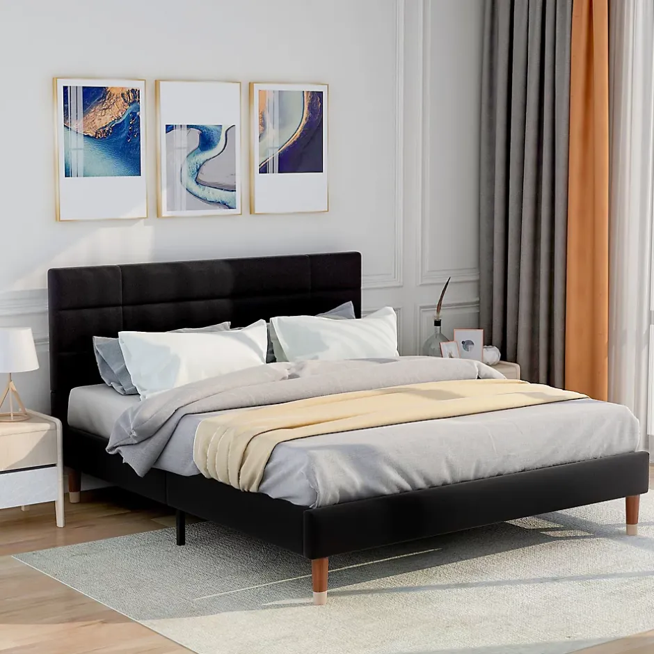 Okwish Lit double 140x200 cm - Lit capitonné avec sommier à lattes - Lin - Sans Matelas - Noir Discount