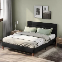 Okwish Lit double 140x200 cm - Lit capitonné avec sommier à lattes - Lin - Sans Matelas - Noir Discount