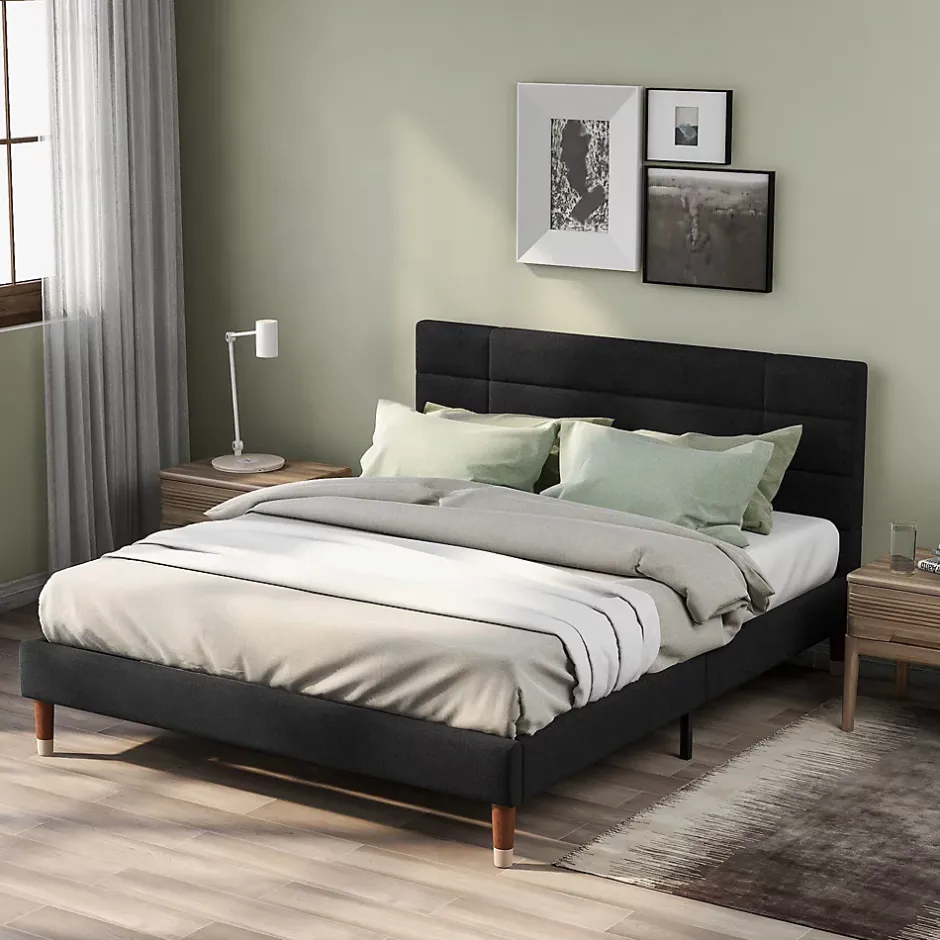 Okwish Lit double 140x200 cm - Lit capitonné avec sommier à lattes - Lin - Sans Matelas - Noir Discount