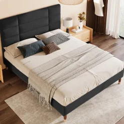 Okwish Lit double 140x200 cm - Lit capitonné avec sommier à lattes - Lin - Sans Matelas - Noir Discount
