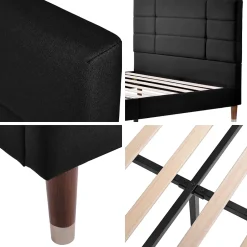 Okwish Lit double 140x200 cm - Lit capitonné avec sommier à lattes - Lin - Sans Matelas - Noir Discount