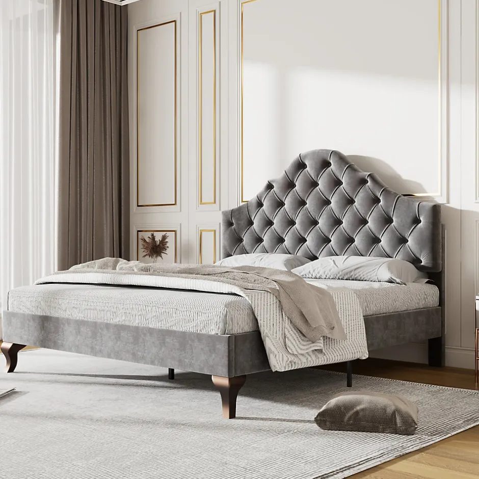 Okwish Lit Double 140x200 cm - Lit Capitonné en Velours avec Tête de Lit Réglable, Sommier à Lattes en Bois, Sans Matelas - Gris