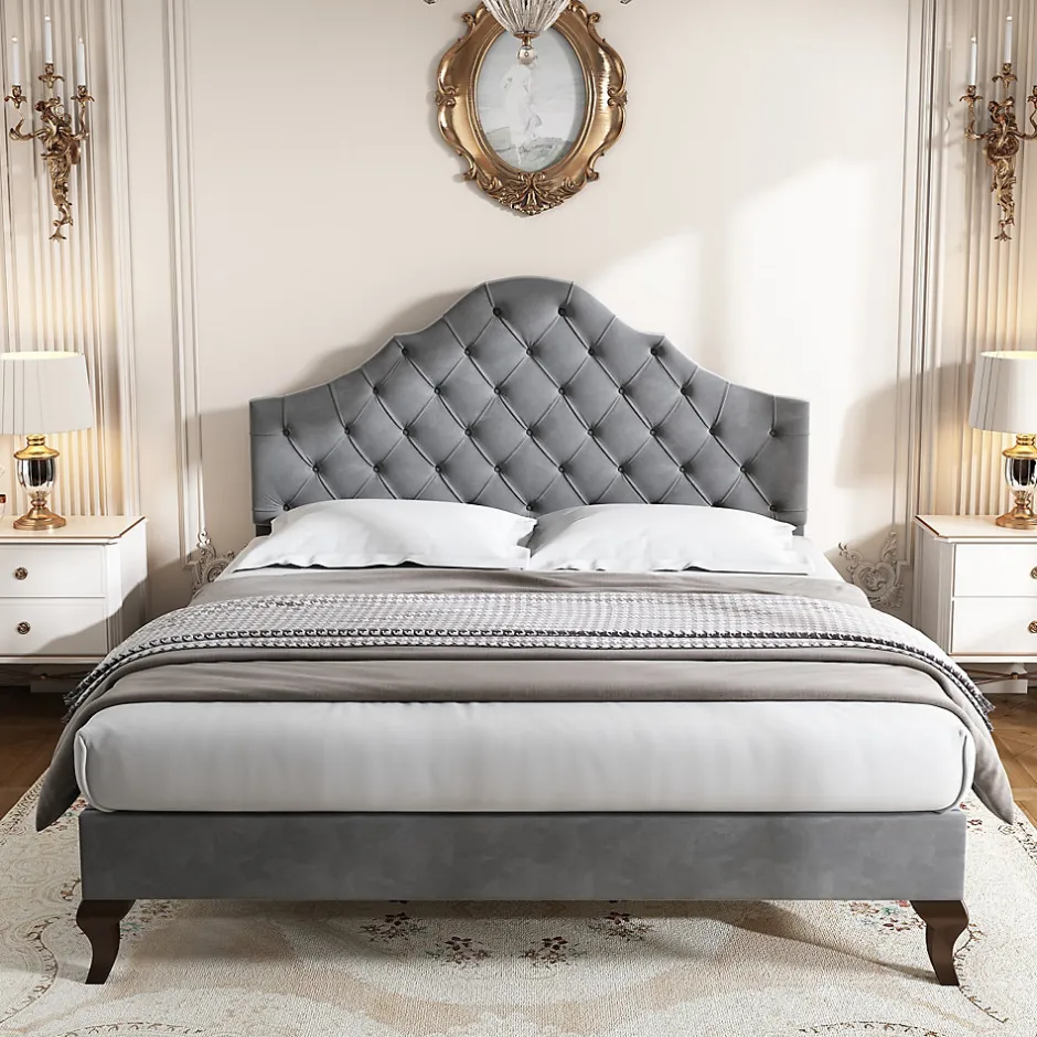 Okwish Lit Double 140x200 cm - Lit Capitonné en Velours avec Tête de Lit Réglable, Sommier à Lattes en Bois, Sans Matelas - Gris