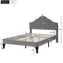 Okwish Lit Double 140x200 cm - Lit Capitonné en Velours avec Tête de Lit Réglable, Sommier à Lattes en Bois, Sans Matelas - Gris