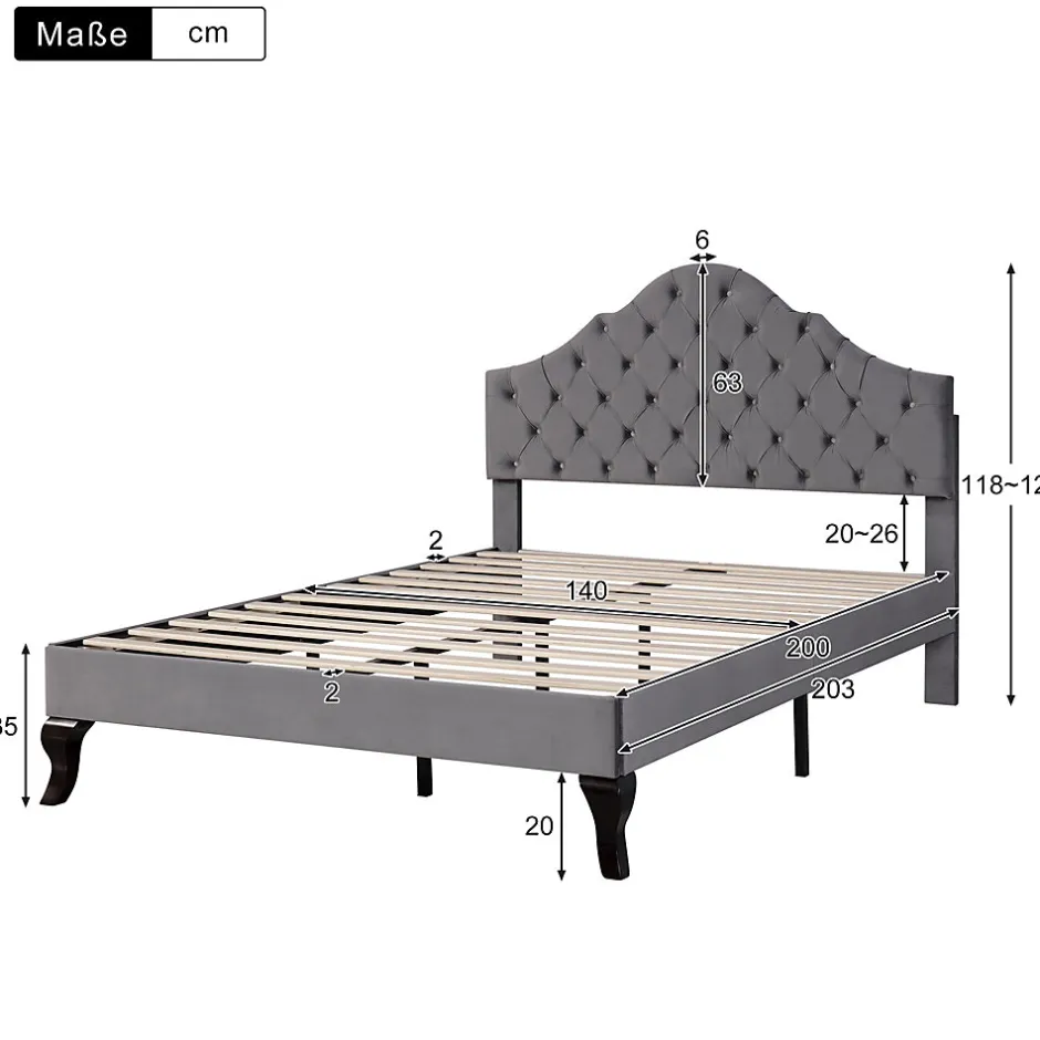 Okwish Lit Double 140x200 cm - Lit Capitonné en Velours avec Tête de Lit Réglable, Sommier à Lattes en Bois, Sans Matelas - Gris