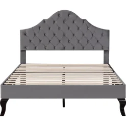Okwish Lit Double 140x200 cm - Lit Capitonné en Velours avec Tête de Lit Réglable, Sommier à Lattes en Bois, Sans Matelas - Gris
