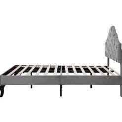 Okwish Lit Double 140x200 cm - Lit Capitonné en Velours avec Tête de Lit Réglable, Sommier à Lattes en Bois, Sans Matelas - Gris