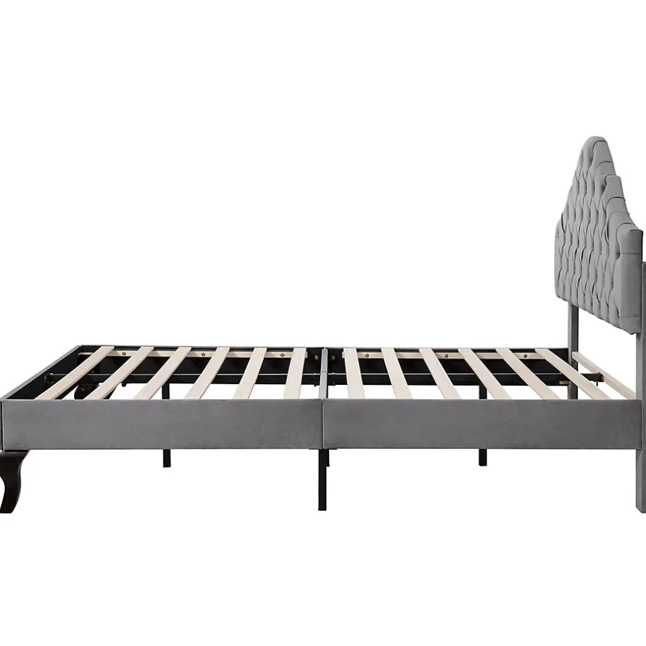 Okwish Lit Double 140x200 cm - Lit Capitonné en Velours avec Tête de Lit Réglable, Sommier à Lattes en Bois, Sans Matelas - Gris