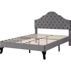 Okwish Lit Double 140x200 cm - Lit Capitonné en Velours avec Tête de Lit Réglable, Sommier à Lattes en Bois, Sans Matelas - Gris