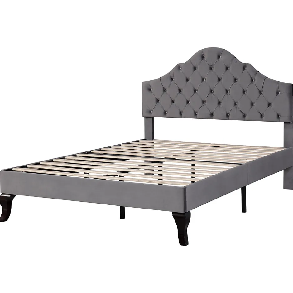 Okwish Lit Double 140x200 cm - Lit Capitonné en Velours avec Tête de Lit Réglable, Sommier à Lattes en Bois, Sans Matelas - Gris