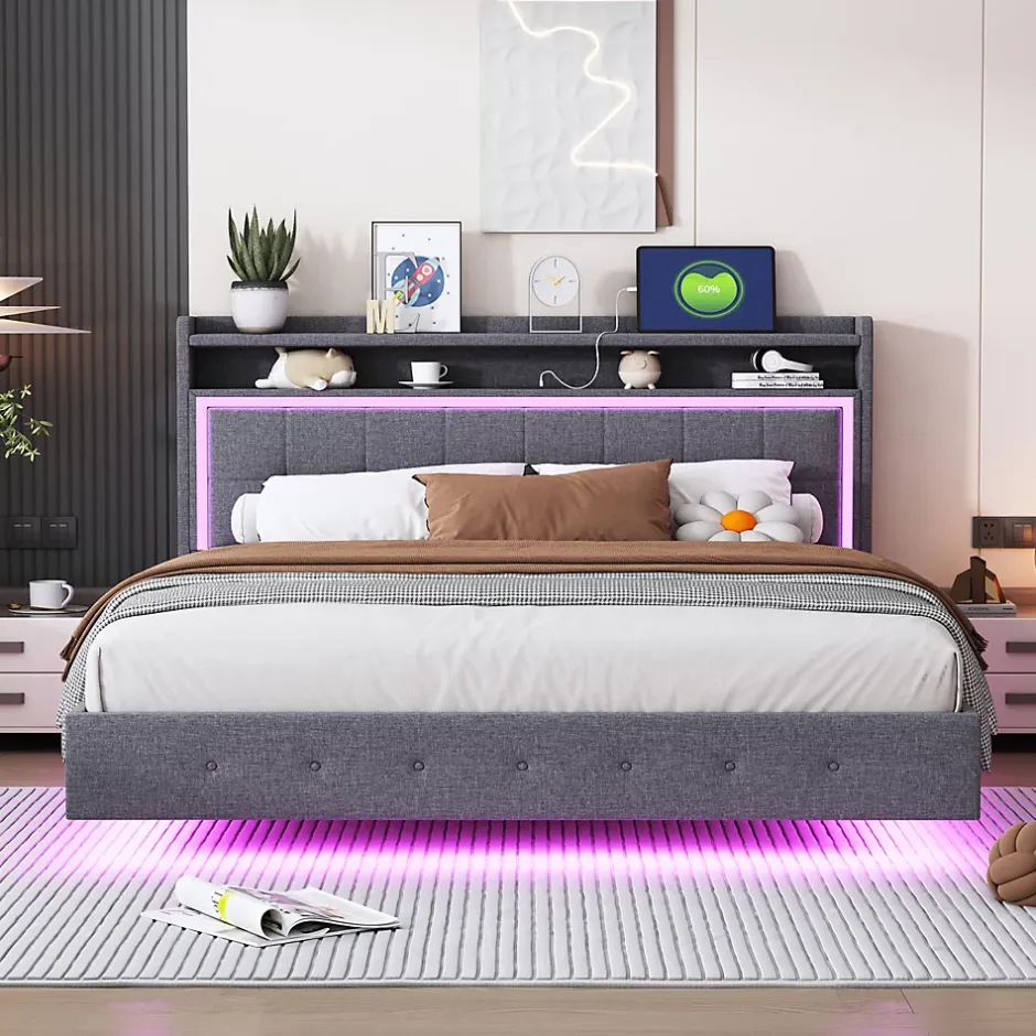 Okwish Lit Double 160x200 cm - Lit capitonné Adulte avec LED Intégrée et Port USB, Pieds Cachés Lin Gris New