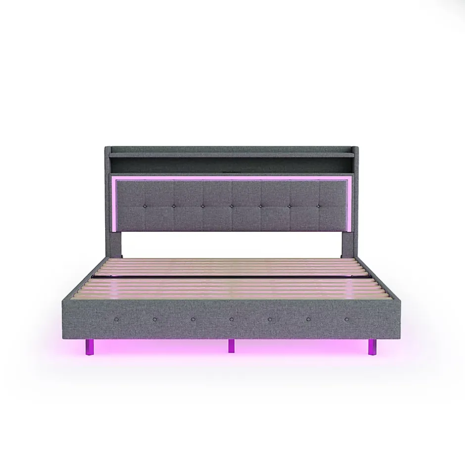Okwish Lit Double 160x200 cm - Lit capitonné Adulte avec LED Intégrée et Port USB, Pieds Cachés Lin Gris New